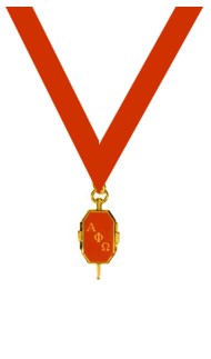 Region Distinguished Key: A key with orange enamel that has Alpha Phi Omega on it hanging from an orange velvet ribbon.