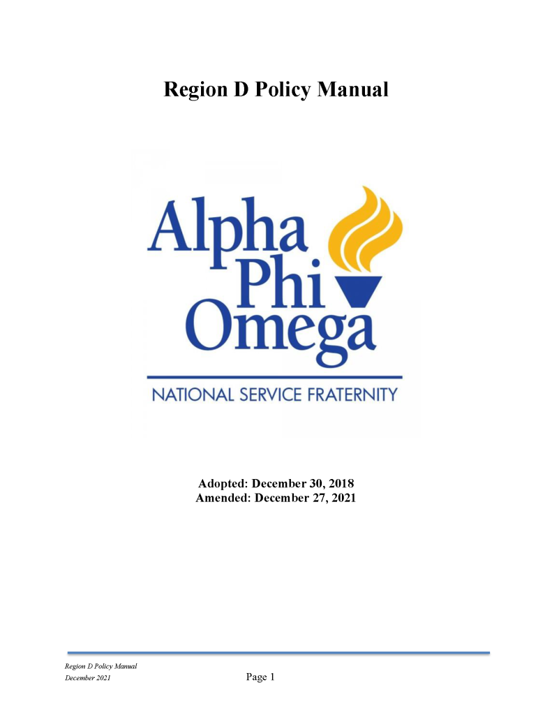 Region D Policy Manual cover page adopted December 30, 2018, amended December 27, 2021.